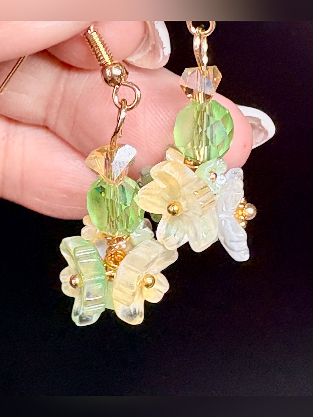 Hand Crafted Gold-Tone Pastel Floral Cluster Earrings -green and yellow Beads
